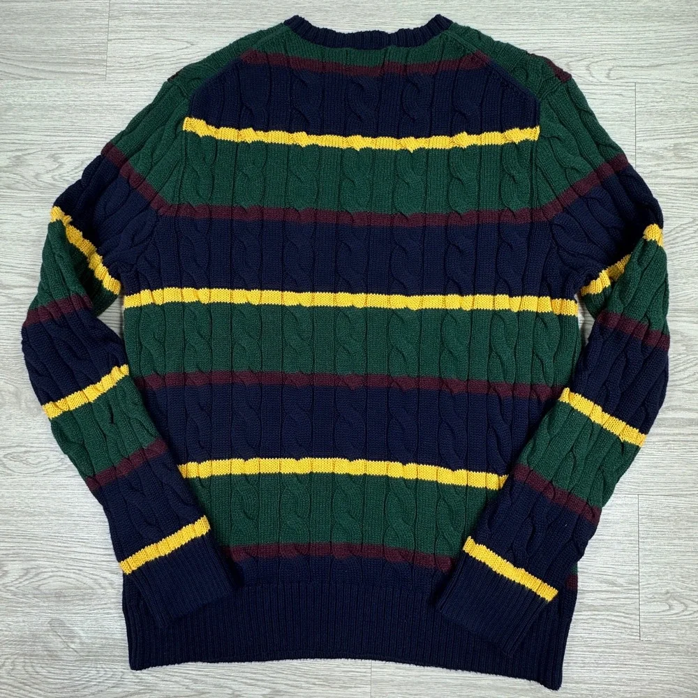 Polo Ralph Lauren Mens Cable Knit Striped Crewneck Sweater Cotton Medium